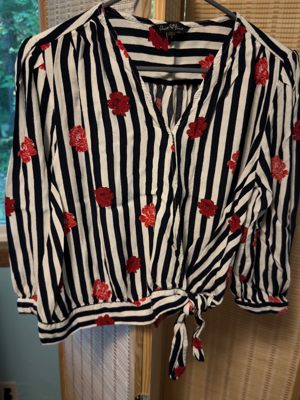 Velvet Heart Striped Tie-Hem Blouse - Black/White with Red Floral Embroidery